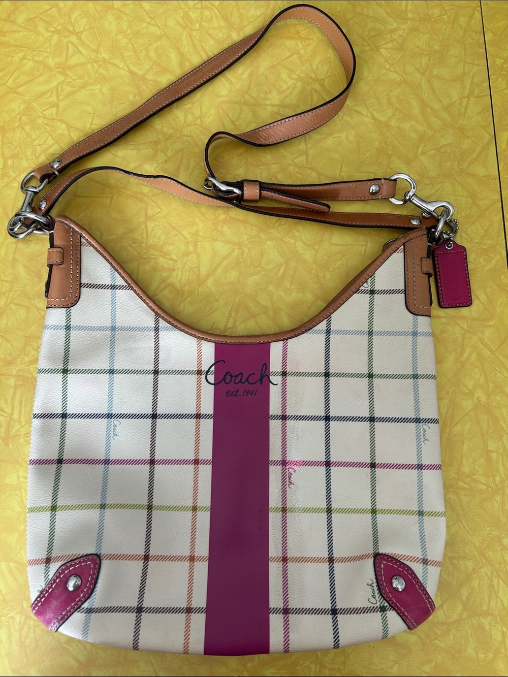 Coach Plaid Tattersall Heritage Stripe Hobo Shoulder Handbag Purse